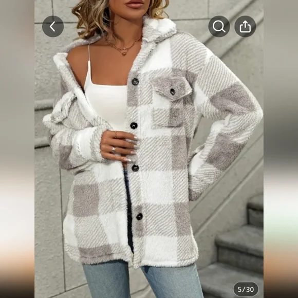 Buffalo Plaid Button Up Teddy Shacket Gray & White Checkered NWT - Picture 5 of 6